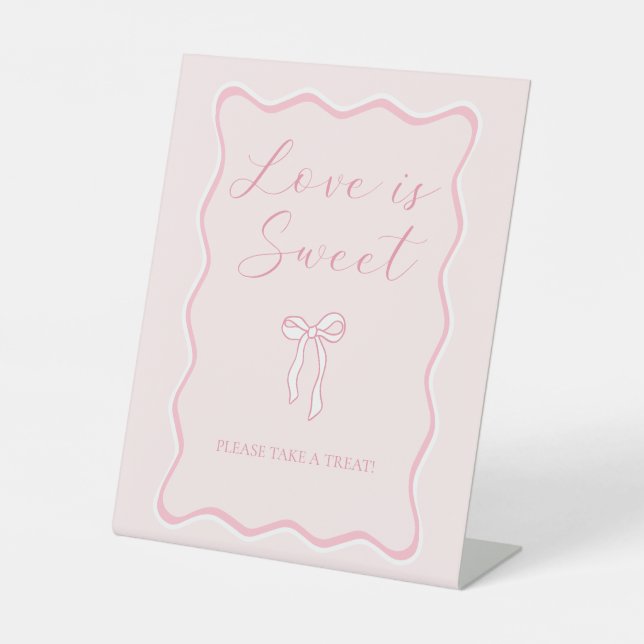 Love is Sweet Pink Bow Bridal Shower Favour Pedestal Sign (Front)