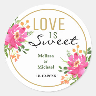 Love Is Sweet Pink Floral Wedding Classic Round Sticker