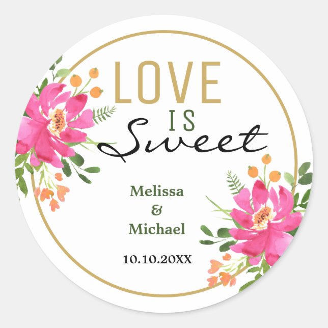 Love Is Sweet Pink Floral Wedding Classic Round Sticker (Front)