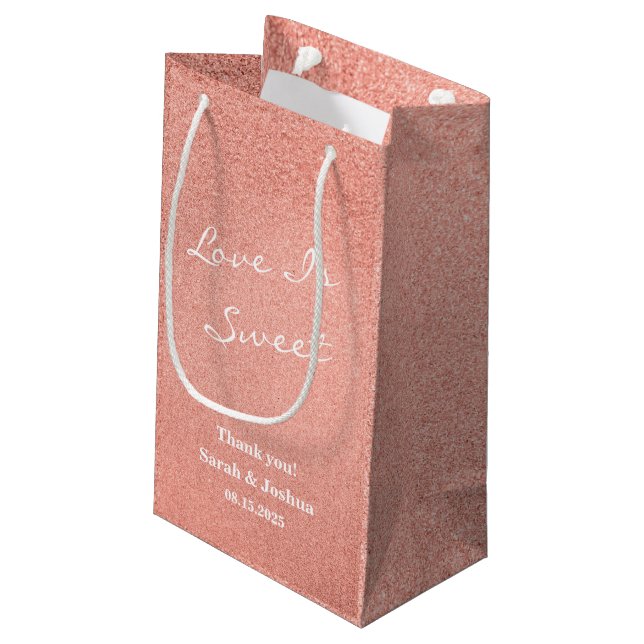 Love is Sweet Pink Rose Gold Script Wedding Favour Small Gift Bag (Back Angled)