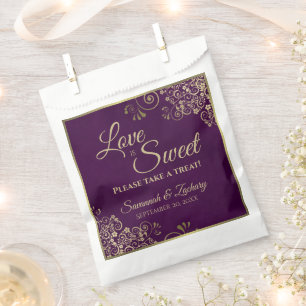Love is Sweet Plum Purple & Gold Lace Wedding Favour Bags