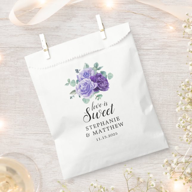Love Is Sweet Purple Blooms Eucalyptus Wedding Favour Bags (Clipped)