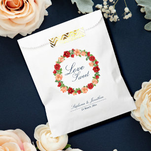 Love is Sweet Red Rose Burnt Orange Floral Wedding Favour Bags