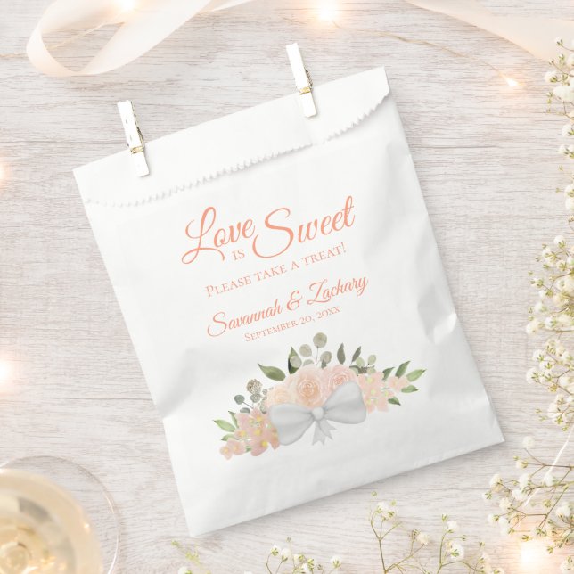 Love is Sweet Rustic Coral Peach Floral Wedding Favour Bags (Clipped)