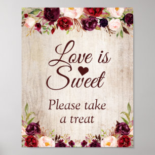 Love is Sweet Rustic Wood Burgundy Floral Sign