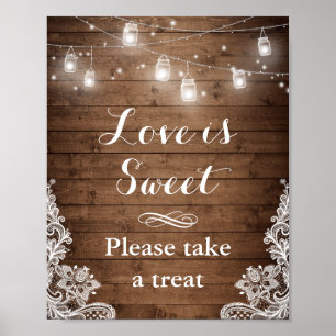 Love is Sweet   Rustic Wood String Lights Lace Poster