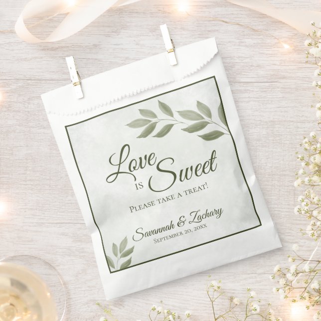 Love is Sweet Sage Green Leaves Wedding Favour Bags (Clipped)