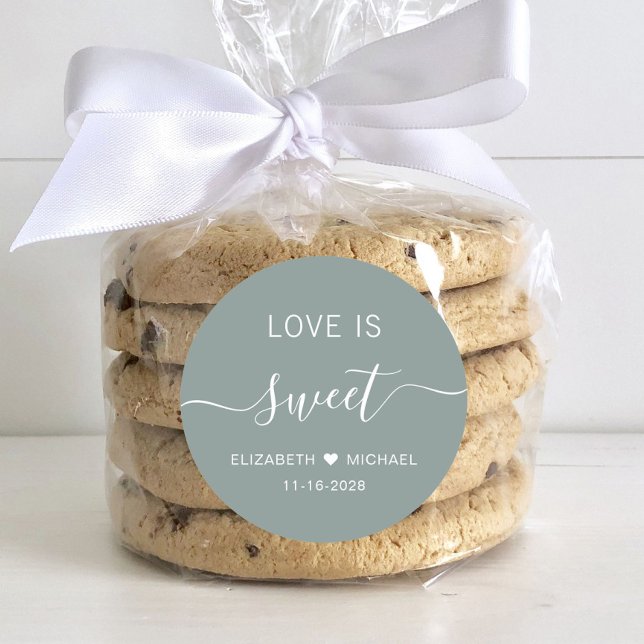 Love Is Sweet Sage Green Wedding Favour Classic Round Sticker (Creator Uploaded)