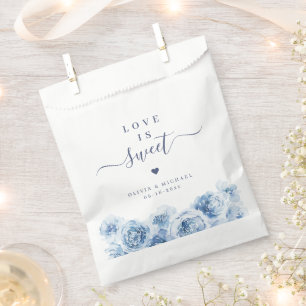 Love is sweet script blue floral wedding favour bags