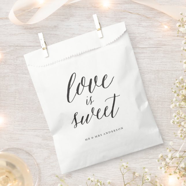Love Is Sweet Script Chic Calligraphy Name Wedding Favour Bags (Clipped)