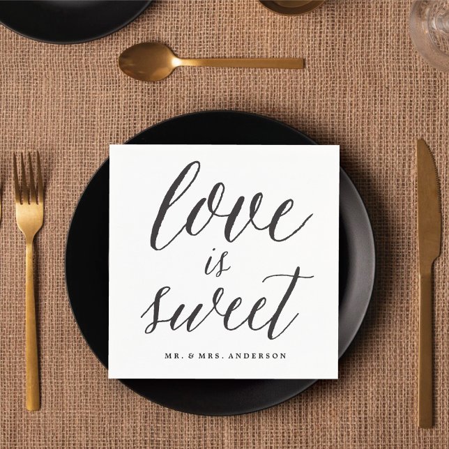 Love Is Sweet Script Modern Calligraphy Wedding Napkin (LOVE IS SWEET Script Modern Calligraphy Wedding Paper Napkins @ fatfatin_blue_knot)