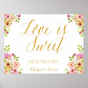 Love is sweet sign romantic blooms Gold text