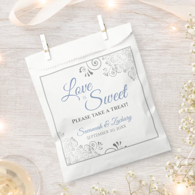 Love is Sweet Silver Lace Blue Grey Script Wedding Favour Bags (Clipped)
