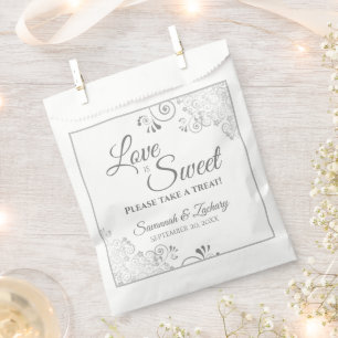 Love is Sweet Silver Lace & Grey Script Wedding Favour Bags