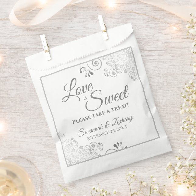 Love is Sweet Silver Lace & Grey Script Wedding Favour Bags (Clipped)