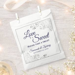 Love is Sweet Silver Lace & Navy Script Wedding Favour Bags