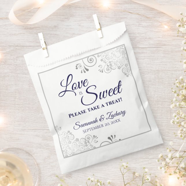 Love is Sweet Silver Lace & Navy Script Wedding Favour Bags (Clipped)