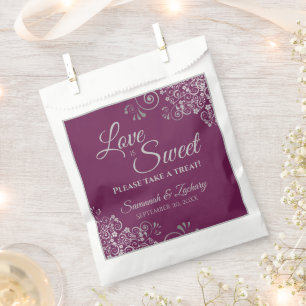 Love is Sweet Silver Lace on Cassis Purple Wedding Favour Bags
