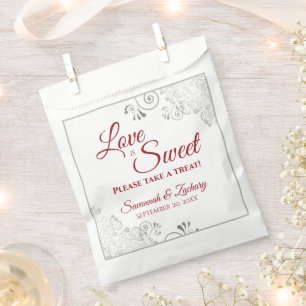 Love is Sweet Silver Lace & Red Script Wedding Favour Bags