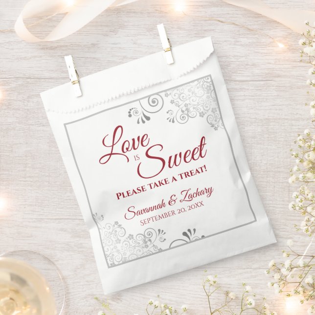 Love is Sweet Silver Lace & Red Script Wedding Favour Bags (Clipped)