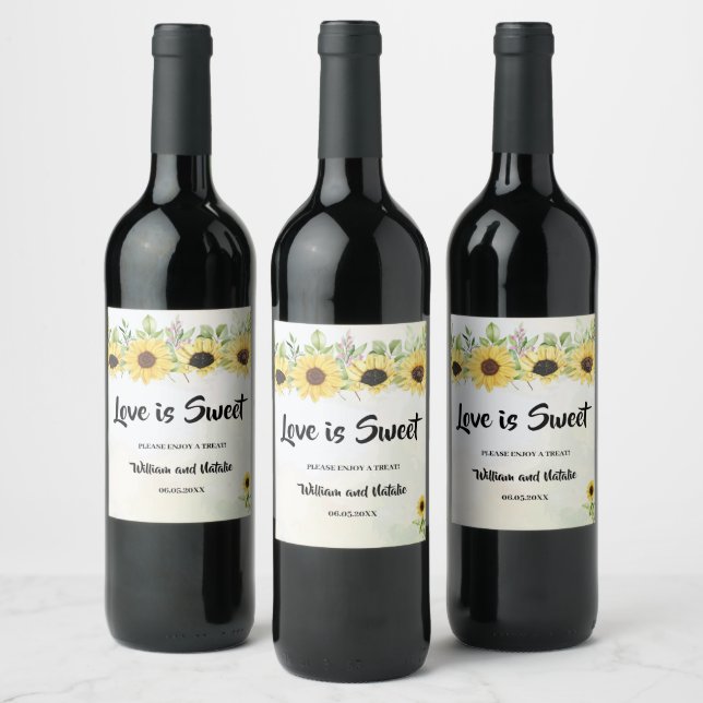 Love is Sweet Sunflowers Wedding Treat Favour Bag Wine Label (Bottles)