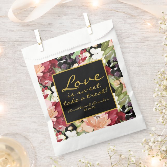 Love is Sweet Take a Treat Black Gold Floral Favour Bags (Clipped)