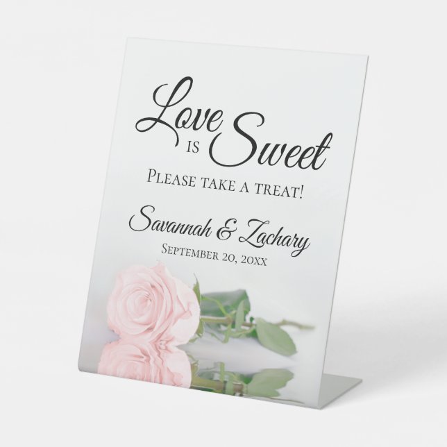 Love is Sweet Take a Treat Blush Pink Rose Wedding Pedestal Sign (Front)