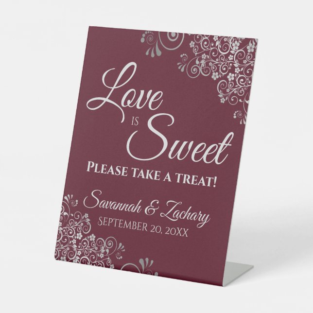 Love is Sweet Take a Treat Burgundy & Silver Pedestal Sign (Front)