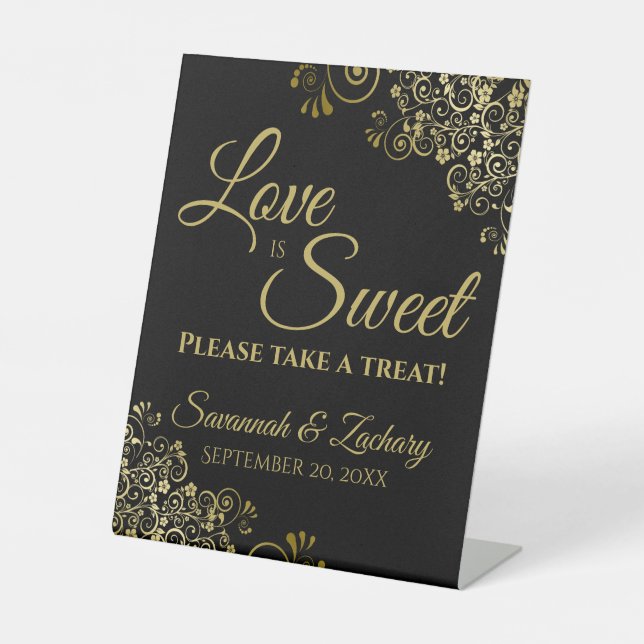 Love is Sweet Take a Treat Gold Lace on Black Pedestal Sign (Front)