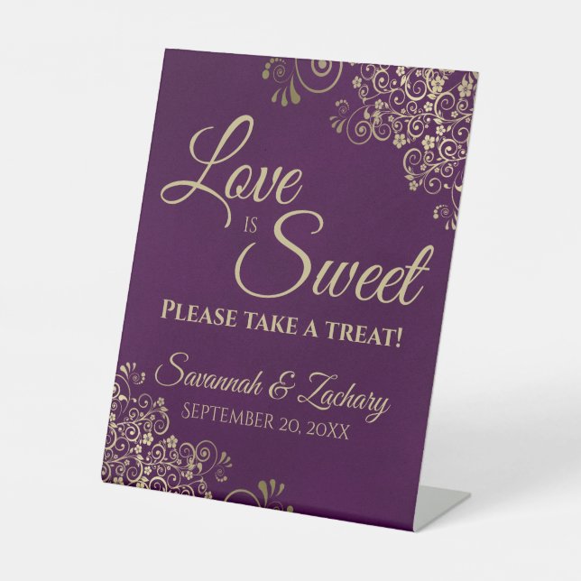 Love is Sweet Take a Treat Gold Lace & Plum Purple Pedestal Sign (Front)