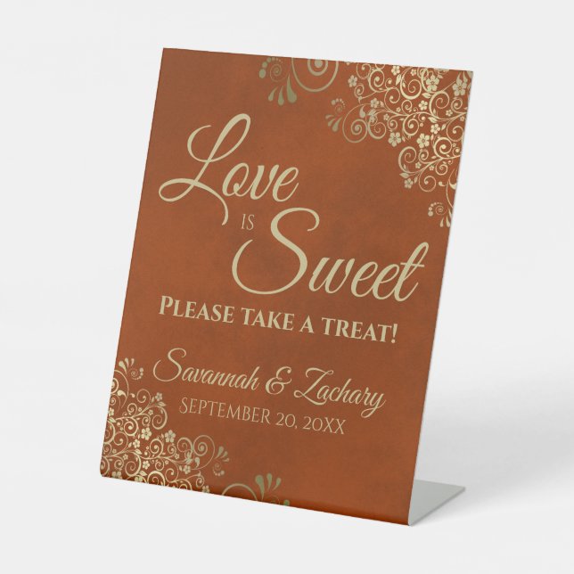 Love is Sweet Take a Treat Gold Lace & Rust Orange Pedestal Sign (Front)