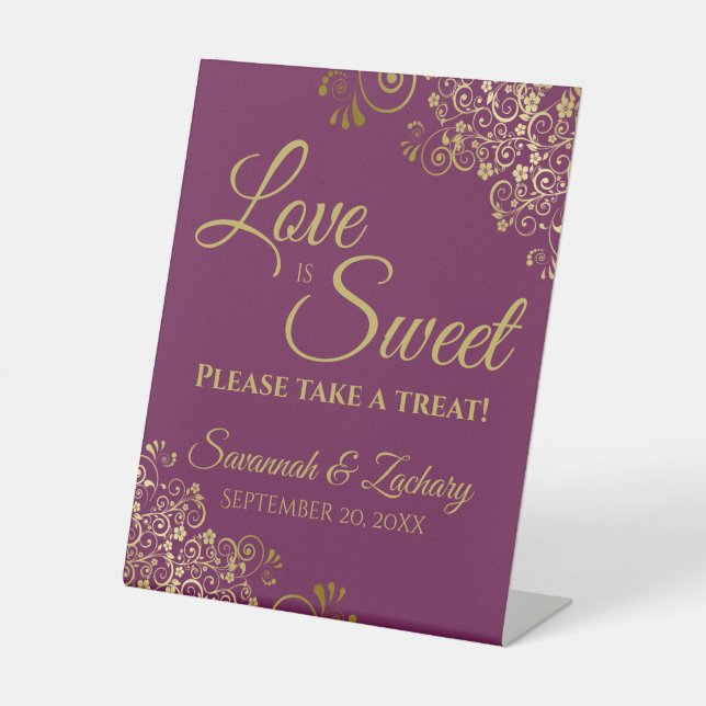 Love is Sweet Take a Treat Magenta Plum & Gold Pedestal Sign (Front)
