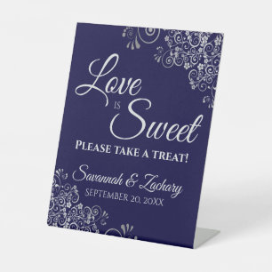 Love is Sweet Take a Treat Navy Blue & Silver Pedestal Sign
