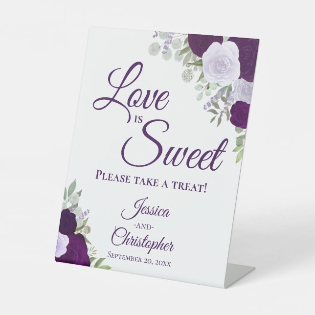 Love is Sweet Take a Treat Purple Boho Chic Floral Pedestal Sign (Front)