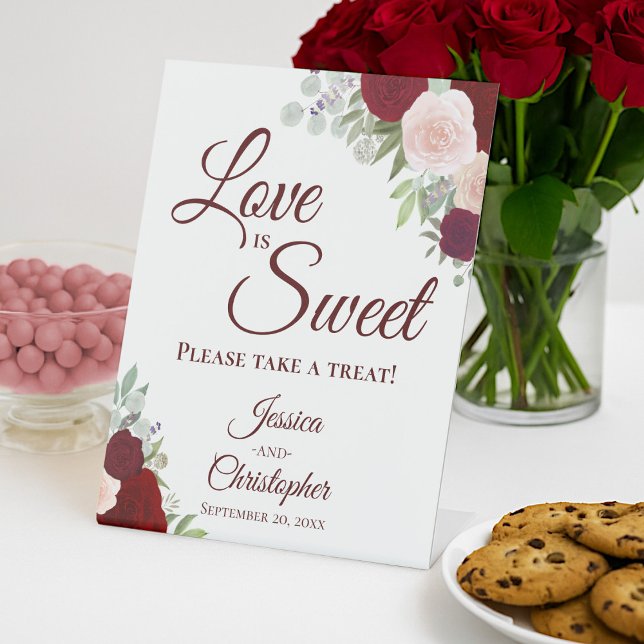 Love is Sweet Take a Treat Red & Pink Boho Floral Pedestal Sign (Creator Uploaded)