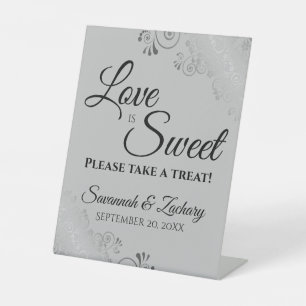 Love is Sweet Take a Treat Silver Lace on Gray Pedestal Sign