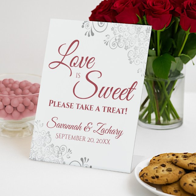 Love is Sweet Take a Treat Silver Lace Red Wedding Pedestal Sign (Creator Uploaded)