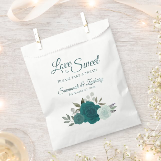 Love is Sweet Take a Treat Teal Floral Wedding Favour Bags (Clipped)