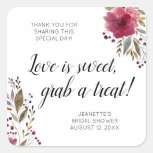 Love Is Sweet Treat Burgundy Floral Bridal Shower Square Sticker