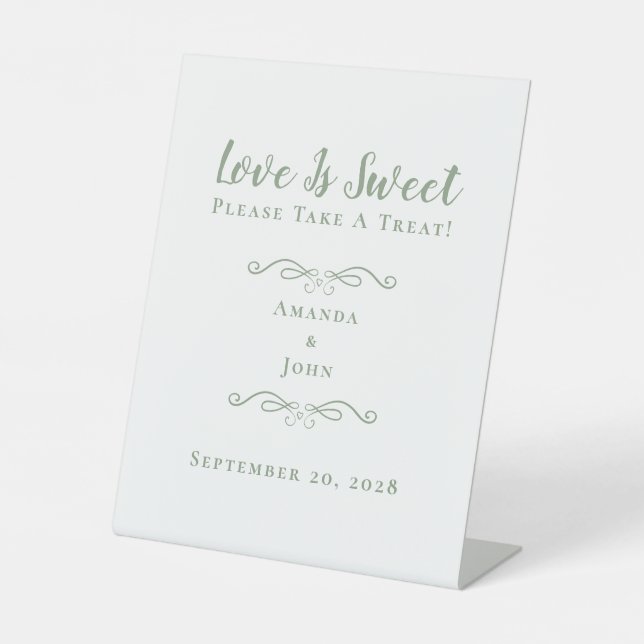Love Is Sweet Treat Wedding Favours Sage Green Pedestal Sign (Front)