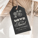 Love is Sweet Vintage Black Chalkboard Wedding Gift Tags<br><div class="desc">Whimsical wedding favour tags feature "Love is Sweet" with sketched flowers and monogram of the bride and groom names / wedding date with a soft white chalk appearance on a rustic black board background with textured look.</div>