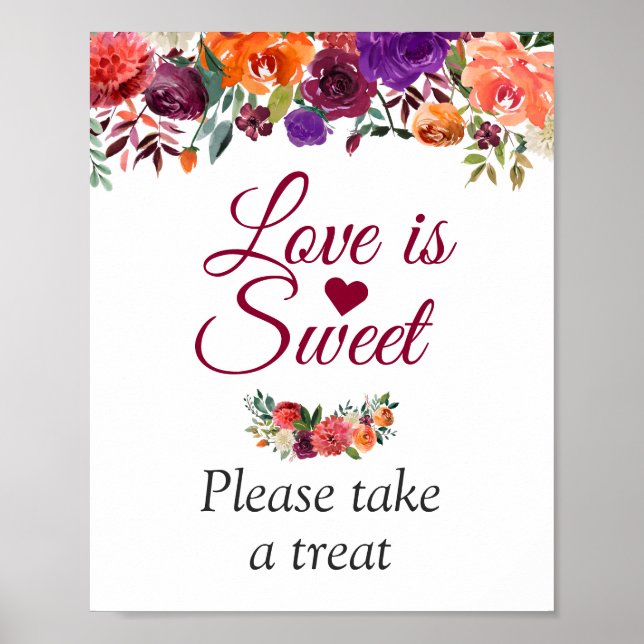 Love is Sweet Watercolor Burgundy Floral Sign (Front)