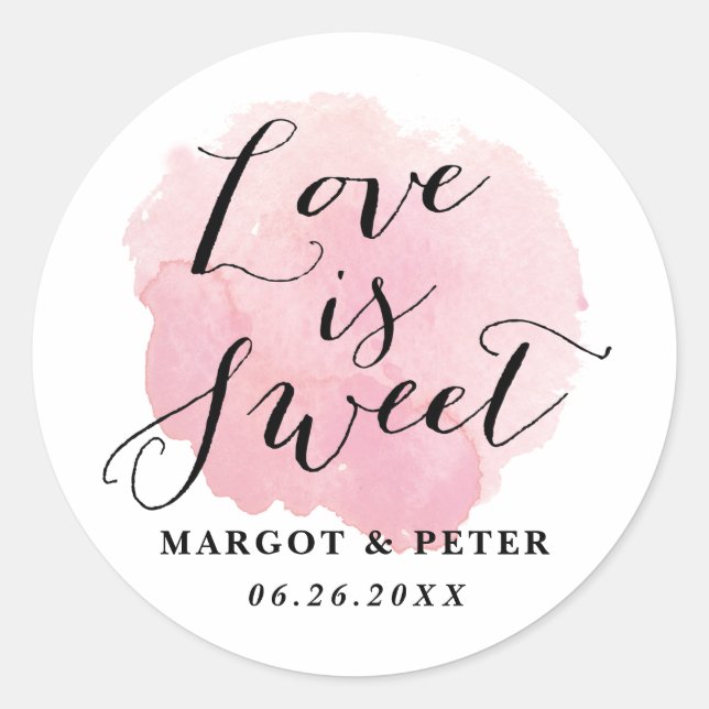 Love is Sweet Watercolor Script Classic Round Sticker (Front)