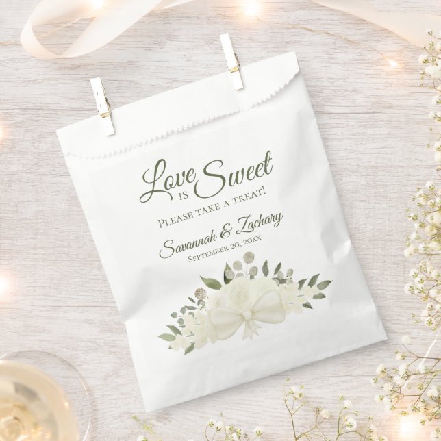 Love is Sweet White Roses Bouquet Elegant Wedding Favour Bags (Clipped)