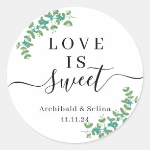 Love Is Sweet with Symmetrical Leaves Wedding Classic Round Sticker
