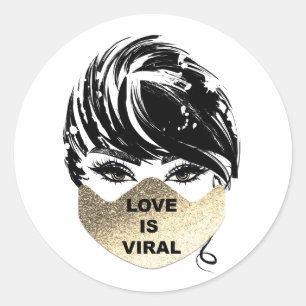 Love Is Viral Girl Coronavirus Gold Face Mask Classic Round Sticker