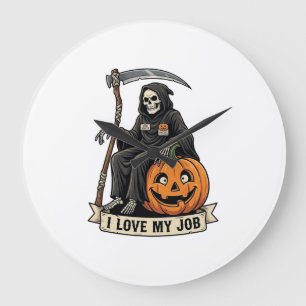 Love Job Grim Reaper Halloween Pumpkin Scythe_1 Large Clock