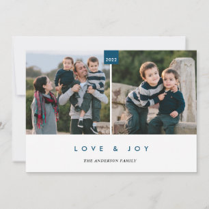 Love & Joy Blue Modern Minimal 2 Photo Holiday Card