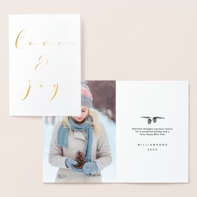 Love & Joy Elegant Winter Christmas Family Photo Foil Card (Display)