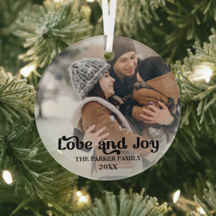 Love & Joy fancy overlay text photo glass ornament